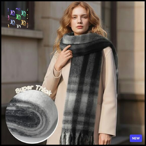 Oversized Mohair Scarf Thick Checked Tassel Wrap Soft Winter Chic Blanket Style - Picture 5 of 5